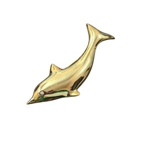 Vintage Gold‎ Dolphin Brooch Pin With Rhinestone Eye fish water ocean 3"